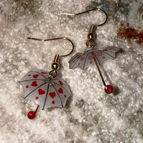 Handcrafted Rainy Day Heart Umbrella Earrings - Picture 1 of 5